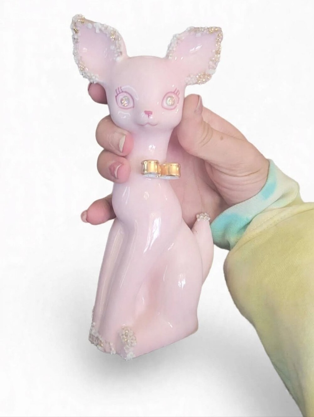 Lefton Pink Fawn Planter Gold Bow Rhinestone Eyes 1950s With Sticker!